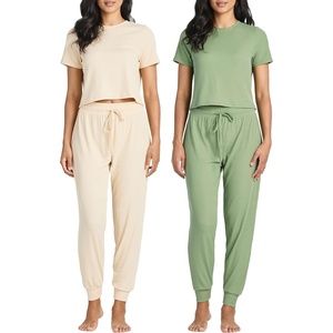 image:image2 Pack Womens Pajama Sets 2 Piece Ribbed Crop Top Joggers Lounge Sets PJsWith Jogger Set 8