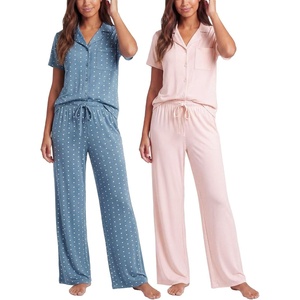 image:image2 Pack Womens Pajama Sets Lounge Set 2 Piece Button Up PJ Sleepwear LadiesFestival Bloom Hearts  Magano Calcite Stripe