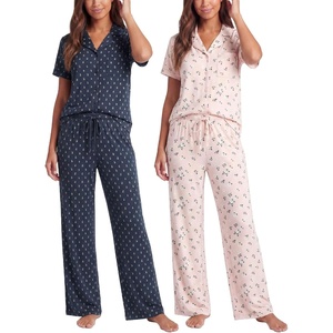 image:image2 Pack Womens Pajama Sets Lounge Set 2 Piece Button Up PJ Sleepwear LadiesNavy Blazer Flowers  Pearl Flowers
