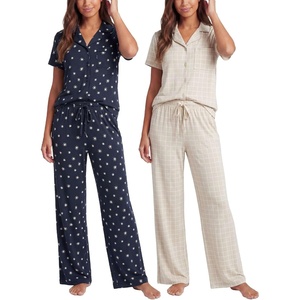 image:image2 Pack Womens Pajama Sets Lounge Set 2 Piece Button Up PJ Sleepwear LadiesNavy Blazer Stars  Moonbeam Check