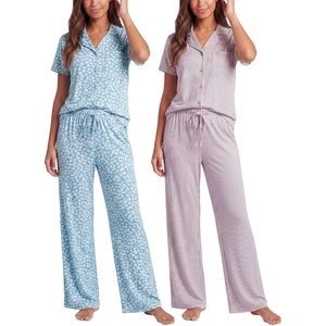 image:image2 Pack Womens Pajama Sets Lounge Set 2 Piece Button Up PJ Sleepwear LadiesSoft Chambray Flowers  Orchid Petal Stripe