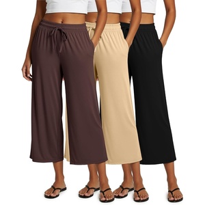 image:image3 Pack Womens Capri Pants Gaucho Wide Leg High Waist Loose Crop PocketsSet 1