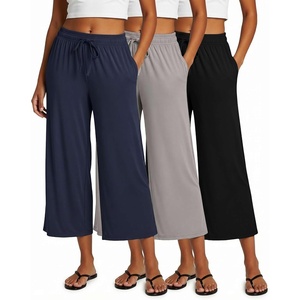 image:image3 Pack Womens Capri Pants Gaucho Wide Leg High Waist Loose Crop PocketsSet 10