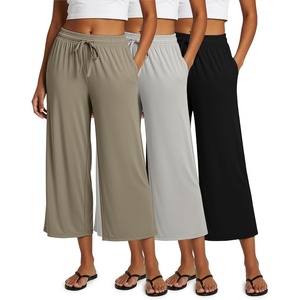 image:image3 Pack Womens Capri Pants Gaucho Wide Leg High Waist Loose Crop PocketsSet 3