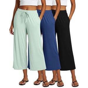 image:image3 Pack Womens Capri Pants Gaucho Wide Leg High Waist Loose Crop PocketsSet 4