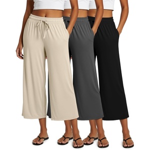 image:image3 Pack Womens Capri Pants Gaucho Wide Leg High Waist Loose Crop PocketsSet 5