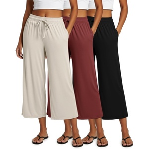 image:image3 Pack Womens Capri Pants Gaucho Wide Leg High Waist Loose Crop PocketsSet 6