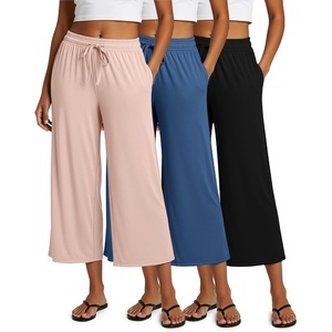 image:image3 Pack Womens Capri Pants Gaucho Wide Leg High Waist Loose Crop PocketsSet 7