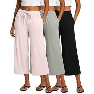 image:image3 Pack Womens Capri Pants Gaucho Wide Leg High Waist Loose Crop PocketsSet 8