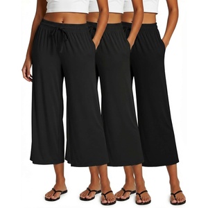 image:image3 Pack Womens Capri Pants Gaucho Wide Leg High Waist Loose Crop PocketsSet 9