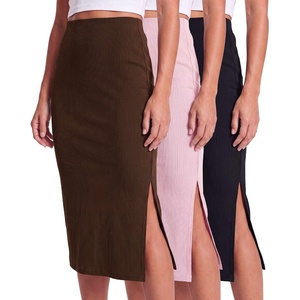 image:image3 Pack Womens Ribbed Midi Skirts High Waisted Pencil Knee Length Work SlitSet 2