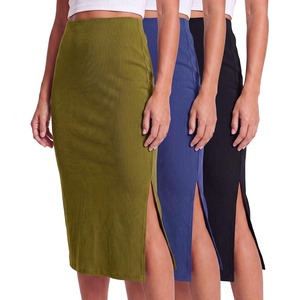 image:image3 Pack Womens Ribbed Midi Skirts High Waisted Pencil Knee Length Work SlitSet 4