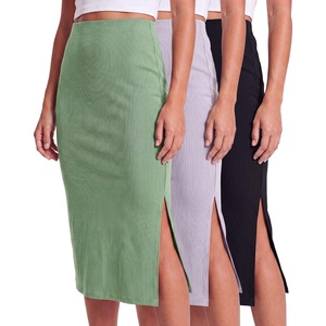 image:image3 Pack Womens Ribbed Midi Skirts High Waisted Pencil Knee Length Work SlitSet 5