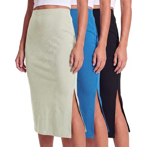 image:image3 Pack Womens Ribbed Midi Skirts High Waisted Pencil Knee Length Work SlitSet 7