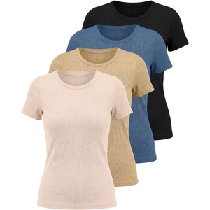 image:image4 Pack Womens Ribbed Tshirts Short Sleeve Crew Neck Tees Basic Tops CasualSet 1