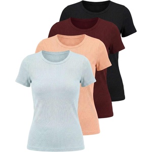 image:image4 Pack Womens Ribbed Tshirts Short Sleeve Crew Neck Tees Basic Tops CasualSet 2