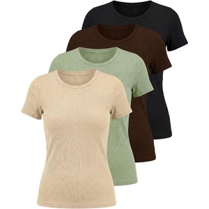 image:image4 Pack Womens Ribbed Tshirts Short Sleeve Crew Neck Tees Basic Tops CasualSet 3