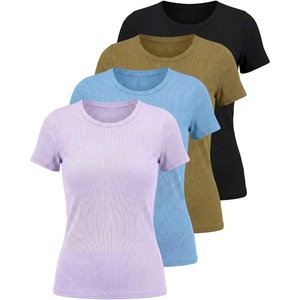 image:image4 Pack Womens Ribbed Tshirts Short Sleeve Crew Neck Tees Basic Tops CasualSet 4