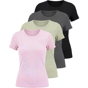 image:image4 Pack Womens Ribbed Tshirts Short Sleeve Crew Neck Tees Basic Tops CasualSet 5