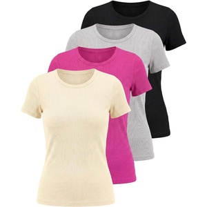 image:image4 Pack Womens Ribbed Tshirts Short Sleeve Crew Neck Tees Basic Tops CasualSet 8