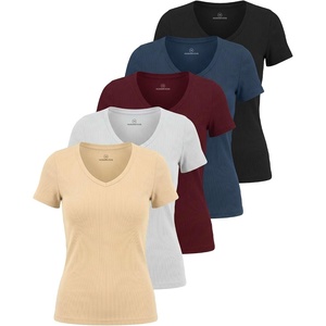 image:image5 Pack Womens Ribbed V Neck T Shirts Short Sleeve Basic Lounge Casual TopsSet 5