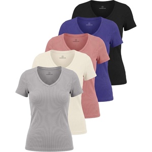 image:image5 Pack Womens Ribbed V Neck T Shirts Short Sleeve Basic Lounge Casual TopsSet 6