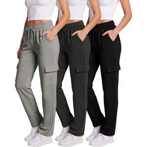 image:image3 Pack Womens Fleece Cargo Sweatpants Lounge Casual Sweat Pants PocketsSolid Black  Charcoal Heather  Grey Heather