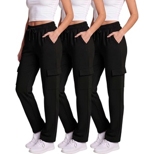 image:image3 Pack Womens Fleece Cargo Sweatpants Lounge Casual Sweat Pants PocketsSolid Black  Solid Black  Solid Black