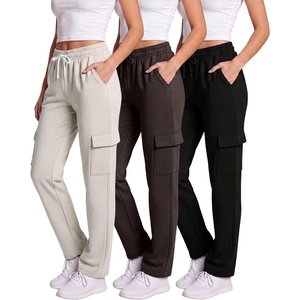 image:image3 Pack Womens Fleece Cargo Sweatpants Lounge Casual Sweat Pants PocketsSolid Black  Solid Chocolate Torte  Solid Moonbeam