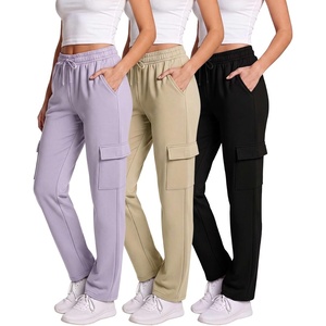 image:image3 Pack Womens Fleece Cargo Sweatpants Lounge Casual Sweat Pants PocketsSolid Black  Solid Mojave Desert  Solid Orchid Petal