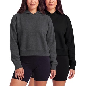image:image2 Pack Womens Cropped Hoodies Crop Sweatshirt Ladies Fleece Pullover TopSolid Black  Charcoal Heather