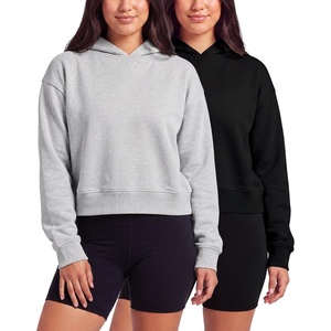 image:image2 Pack Womens Cropped Hoodies Crop Sweatshirt Ladies Fleece Pullover TopSolid Black  Grey Heather