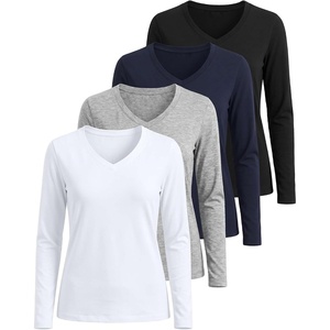 image:image4 Pack Womens Long Sleeve Cotton V Neck Tshirts Basic Tees Tops UndershirtSet 10