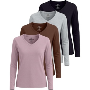 image:image4 Pack Womens Long Sleeve Cotton V Neck Tshirts Basic Tees Tops UndershirtSet 2