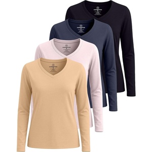 image:image4 Pack Womens Long Sleeve Cotton V Neck Tshirts Basic Tees Tops UndershirtSet 3