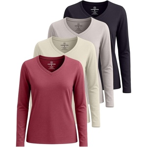 image:image4 Pack Womens Long Sleeve Cotton V Neck Tshirts Basic Tees Tops UndershirtSet 5