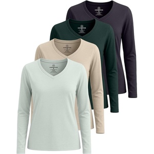 image:image4 Pack Womens Long Sleeve Cotton V Neck Tshirts Basic Tees Tops UndershirtSet 7