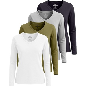 image:image4 Pack Womens Long Sleeve Cotton V Neck Tshirts Basic Tees Tops UndershirtSet 8