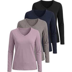 image:image4 Pack Womens Long Sleeve Cotton V Neck Tshirts Basic Tees Tops UndershirtSet 9
