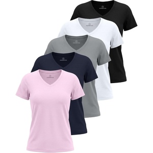 image:image5 Pack Womens V Neck Tshirts Short Sleeve Dry Fit Workout Tops Tees ShirtsSolid Black  Solid Bright White  Solid Ultimate Grey  Navy Blazer  Solid Festival Bloom