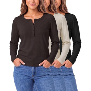 image:image3 Pack Womens Cotton Henley Shirts Long Sleeve Button Tops Casual Work TeesSolid Black  Solid Chocolate Torte  Solid Moonbeam