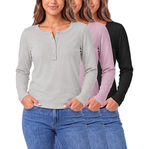 image:image3 Pack Womens Cotton Henley Shirts Long Sleeve Button Tops Casual Work TeesSolid Black  Solid Fragrant Lilac  Grey Heather