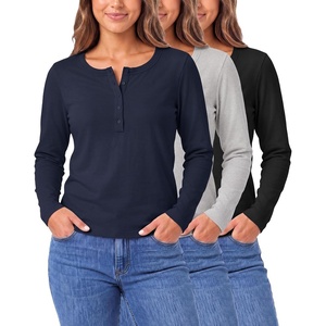 image:image3 Pack Womens Cotton Henley Shirts Long Sleeve Button Tops Casual Work TeesSolid Black  Solid Navy Blazer  Grey Heather
