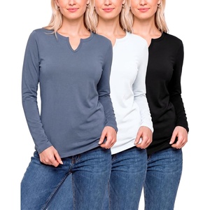 image:image3 Pack Womens Cotton Long Sleeve Tshirts Shirts Cute Tops Casual Work TeesSolid Black  Solid Vintage Indigo  Solid Bright White