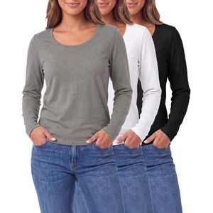 image:image3 Pack Womens Cotton Scoop Neck Long Sleeve Shirts Tops Casual Work TeesSolid Black  Charcoal Heather  Solid Bright White