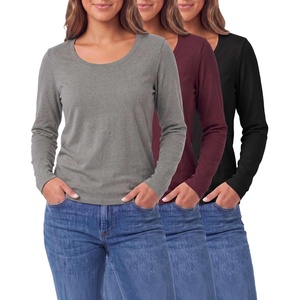 image:image3 Pack Womens Cotton Scoop Neck Long Sleeve Shirts Tops Casual Work TeesSolid Black  Solid Burgundy  Charcoal Heather