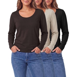 image:image3 Pack Womens Cotton Scoop Neck Long Sleeve Shirts Tops Casual Work TeesSolid Black  Solid Chocolate Torte  Solid Moonbeam