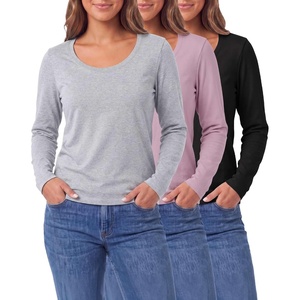 image:image3 Pack Womens Cotton Scoop Neck Long Sleeve Shirts Tops Casual Work TeesSolid Black  Solid Fragrant Lilac  Grey Heather