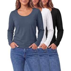 image:image3 Pack Womens Cotton Scoop Neck Long Sleeve Shirts Tops Casual Work TeesSolid Black  Solid Vintage Indigo  Solid Bright White