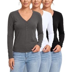 image:image3 Pack Womens Cotton V Neck Henley Shirts Long Sleeve Tops Casual Work TeesSolid Black  Charcoal Heather  Solid Bright White